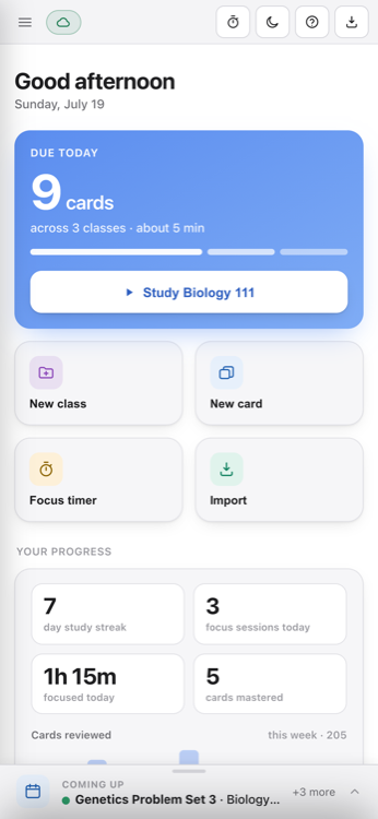 The Reps home screen: the number of cards due today, with a per-class breakdown and progress underneath.