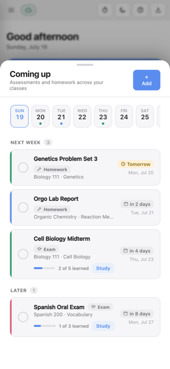 The Coming up screen in Reps: dated exams and homework with live countdowns and a prep bar.