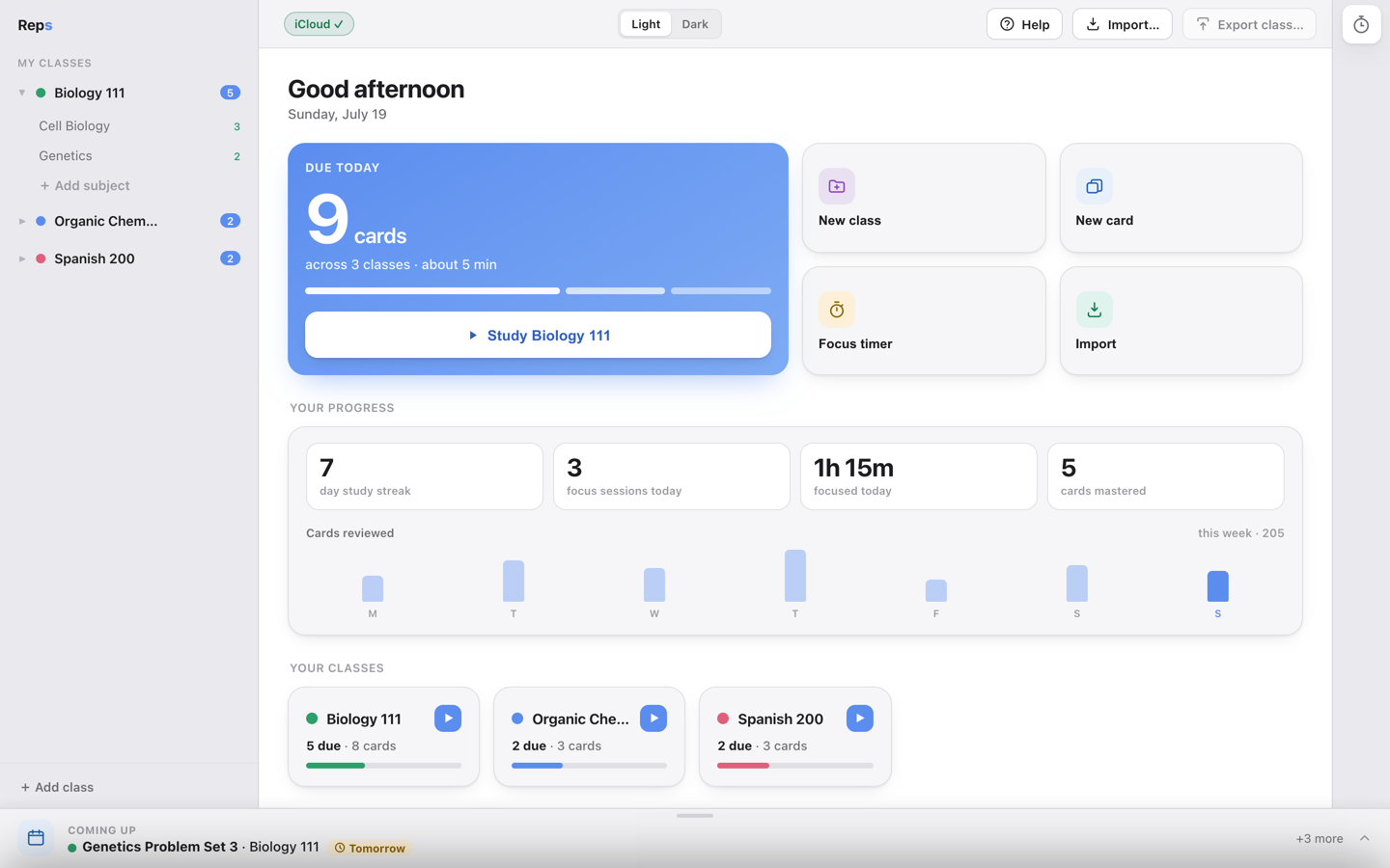 The same Reps dashboard on a Mac: cards due today, progress, and classes.
